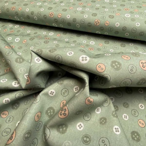 Algodón popelín de algodón 100% para creatividades de patchwork con estampado de botones fondo verde
