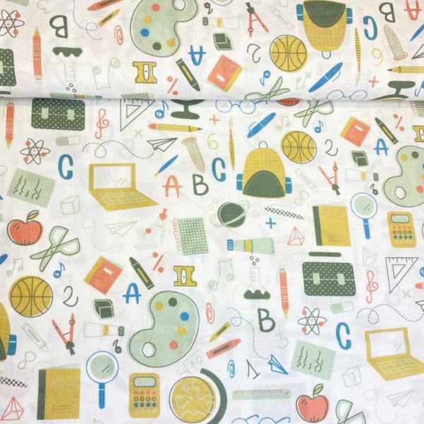 Algodón popelín de algodón 100% para creatividades de patchwork con estampado de dibujos de colegio fondo blanco