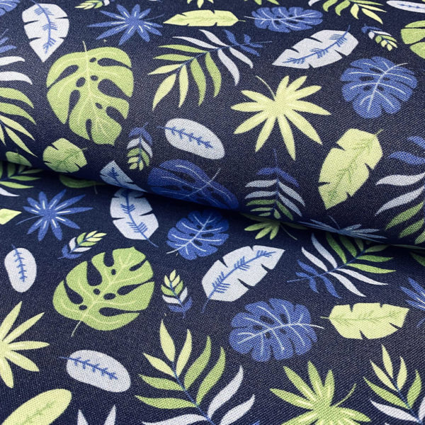 Algodón popelín de algodón ORGÁNICO para creatividades de patchwork con estampado hojas tropicales fondo azul
