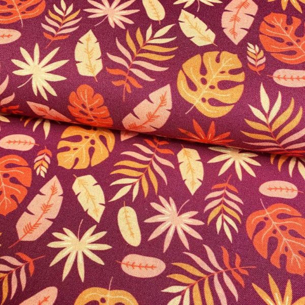 Algodón popelín de algodón ORGÁNICO para creatividades de patchwork con estampado hojas tropicales fondo vino