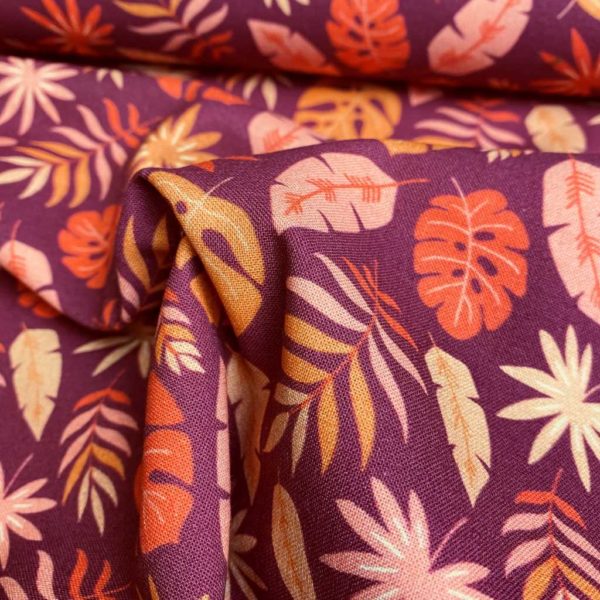 Algodón popelín de algodón ORGÁNICO para creatividades de patchwork con estampado hojas tropicales fondo vino
