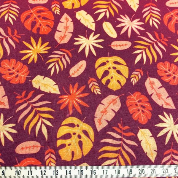 Algodón popelín de algodón ORGÁNICO para creatividades de patchwork con estampado hojas tropicales fondo vino