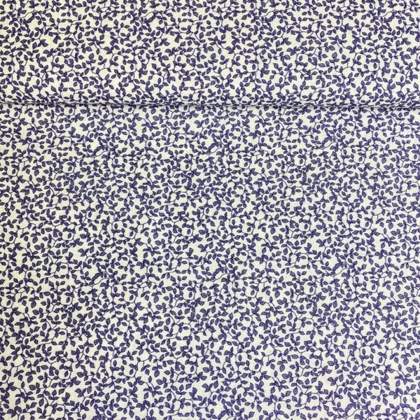 Algodón popelín de algodón ORGÁNICO para creatividades de patchwork con estampado de hojitas azules en ramas