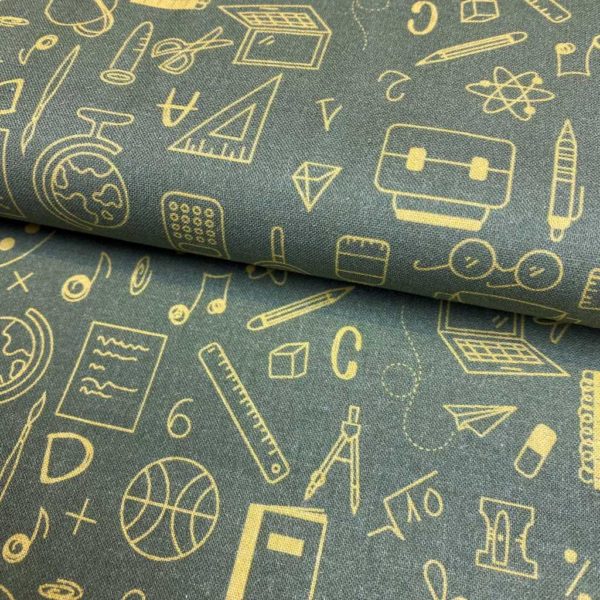 Algodón popelín de algodón 100% para creatividades de patchwork con estampado de dibujos de material de colegio fondo caqui