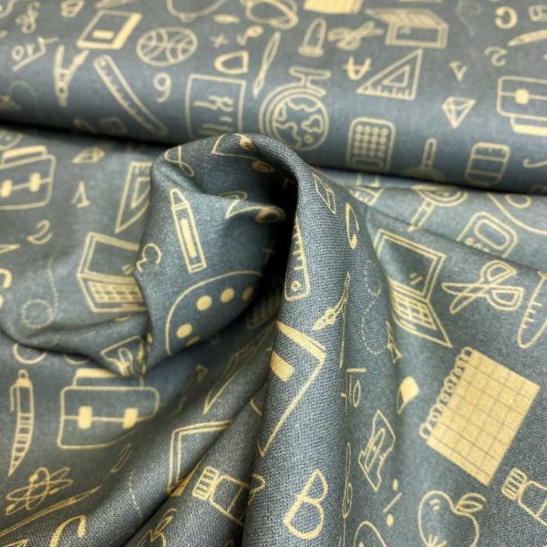 Algodón popelín de algodón 100% para creatividades de patchwork con estampado de dibujos de material de colegio fondo caqui