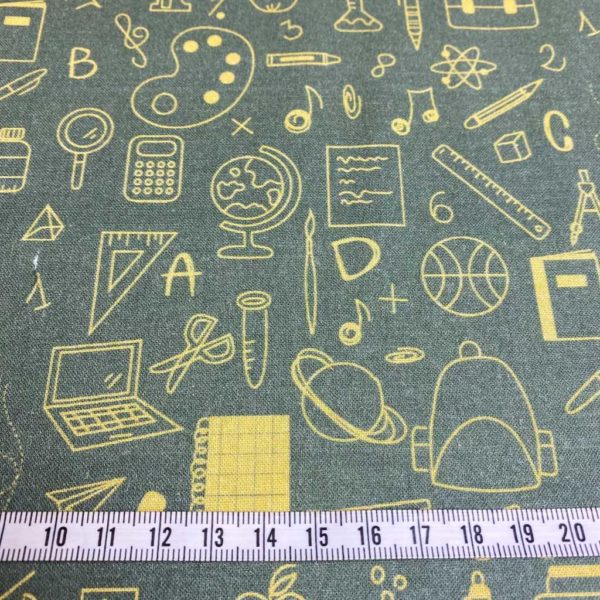 Algodón popelín de algodón 100% para creatividades de patchwork con estampado de dibujos de material de colegio fondo caqui