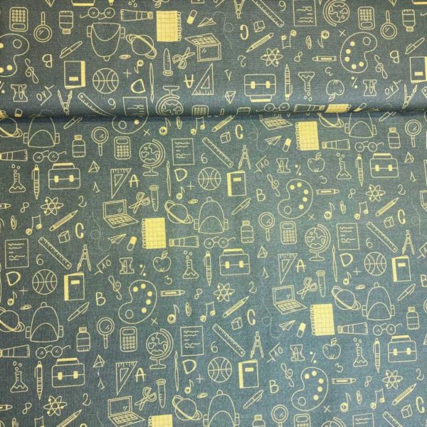 Algodón popelín de algodón 100% para creatividades de patchwork con estampado de dibujos de material de colegio fondo caqui