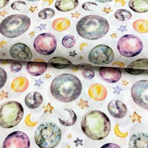 Algodón popelín de algodón 100% para creatividades de patchwork con estampado con plantetas, estrellas y lunas