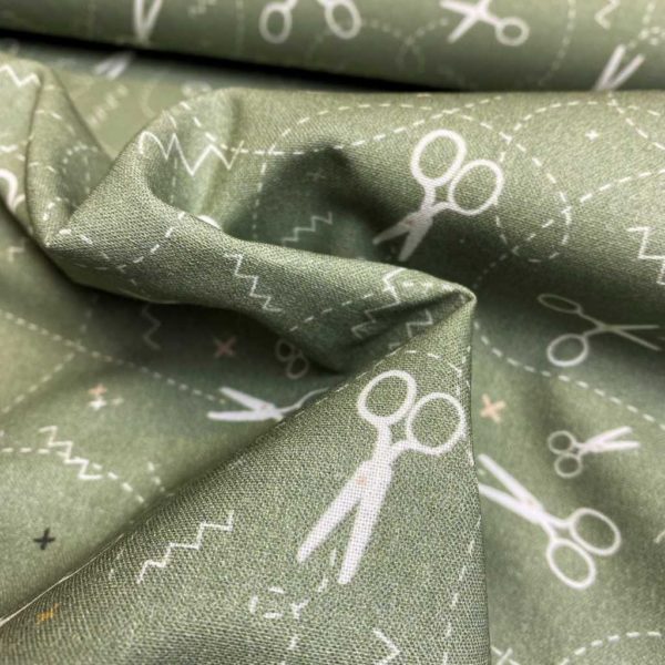 Algodón popelín de algodón 100% para creatividades de patchwork con estampado de tijeras fondo verde