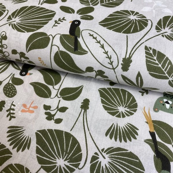 Algodón popelín de algodón ORGÁNICO para creatividades de patchwork con estampado con tucanes y osos hormigueros en la selva