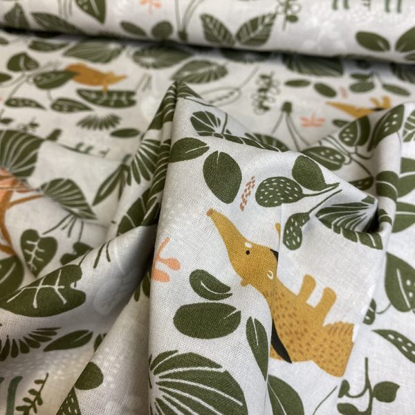 Algodón popelín de algodón ORGÁNICO para creatividades de patchwork con estampado con tucanes y osos hormigueros en la selva