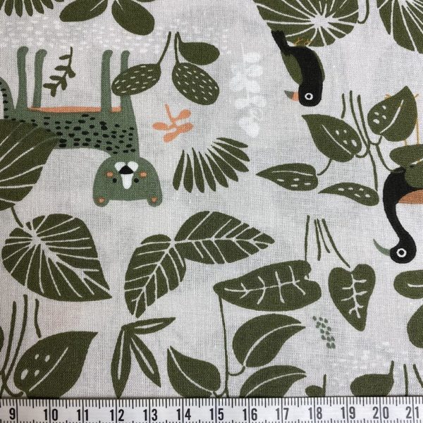 Algodón popelín de algodón ORGÁNICO para creatividades de patchwork con estampado con tucanes y osos hormigueros en la selva
