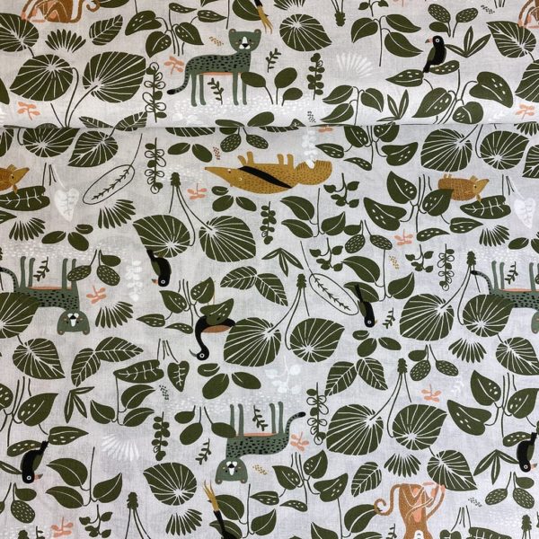 Algodón popelín de algodón ORGÁNICO para creatividades de patchwork con estampado con tucanes y osos hormigueros en la selva