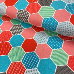 Algodón popelín de algodón 100% para creatividades de patchwork con estampado simulando de hexágonos de colores