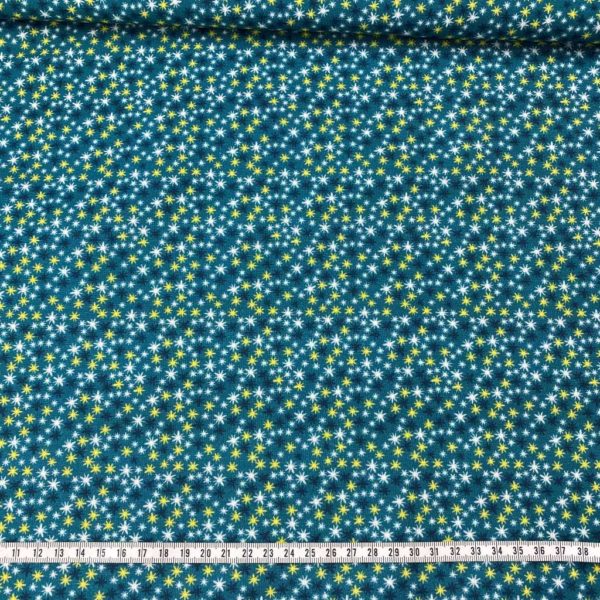 Algodón popelín de algodón 100% para creatividades de patchwork con estampado de asteriscos de colores fondo turquesa
