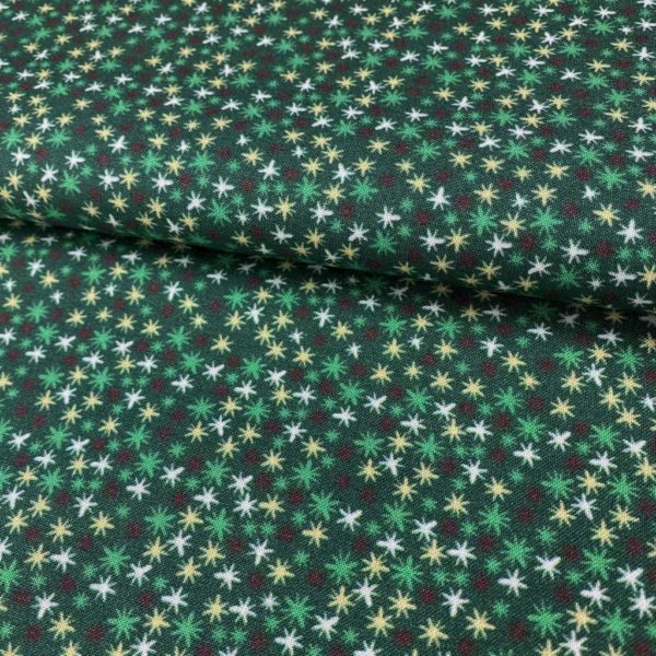 Algodón popelín de algodón 100% para creatividades de patchwork con estampado de asteriscos de colores fondo verde