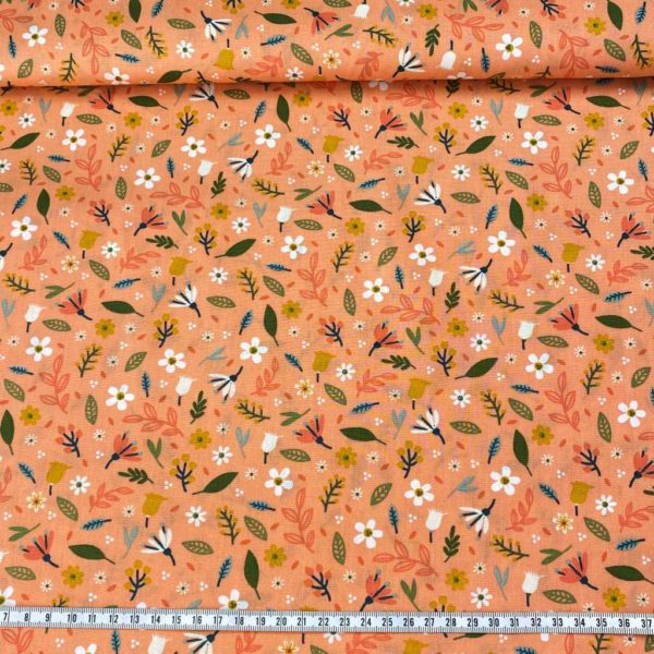 Algodón popelín de algodón 100% para creatividades de patchwork con estampado con flores silvestres fondo anaranjado
