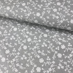 Algodón popelín de algodón 100% para creatividades de patchwork con estampado con clavelitos blancos fondo gris