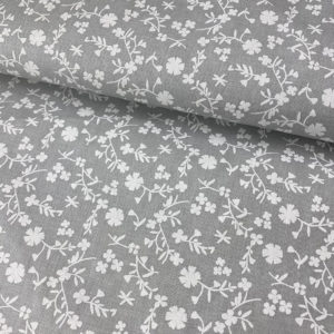 Algodón popelín de algodón 100% para creatividades de patchwork con estampado con clavelitos blancos fondo gris