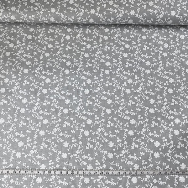 Algodón popelín de algodón 100% para creatividades de patchwork con estampado con clavelitos blancos fondo gris