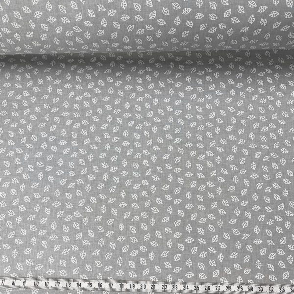 Algodón popelín de algodón 100% para creatividades de patchwork con estampado con estampado con hojitas blancas fondo gris