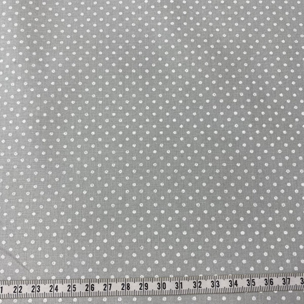 Algodón popelín de algodón 100% para creatividades de patchwork con estampado con estampado con topitos blancos fondo gris