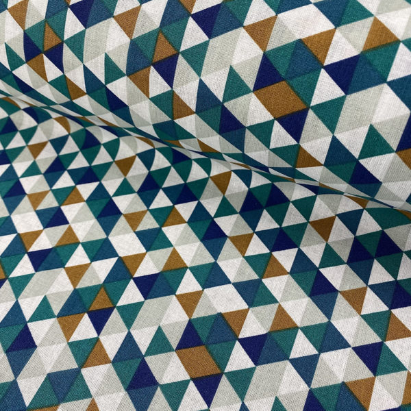 Algodón popelín de algodón 100% para creatividades de patchwork con estampado con estampado con triángulos en tonos azules