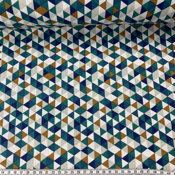 Algodón popelín de algodón 100% para creatividades de patchwork con estampado con estampado con triángulos en tonos azules
