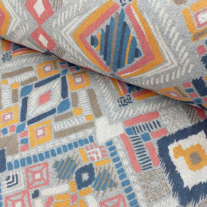 Loneta estampada de 2,80 m de ancho con estampado de símbolos indígenas fondo gris