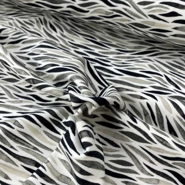 Tela de punto de camiseta de algodón orgánico tipo Jersey estampado digital con pinceladas en acuarela en tonos negros y grises