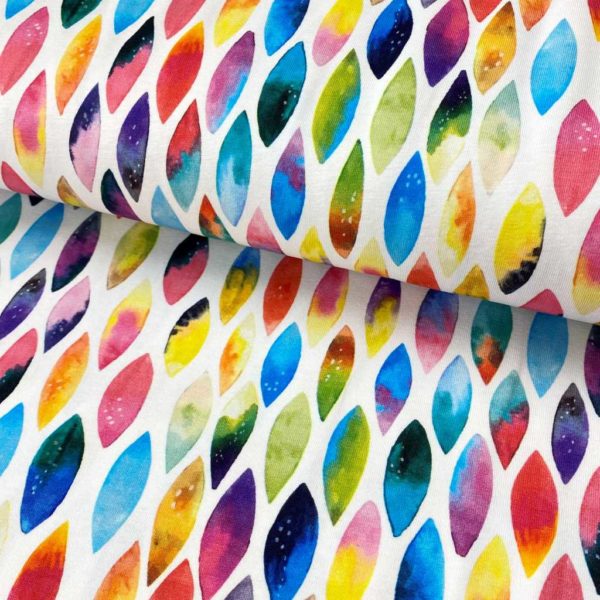 Tela de punto de camiseta de algodón orgánico tipo Jersey estampado digital con colores vivos de verano con pinceladas de acuarela en formato ala de mosca