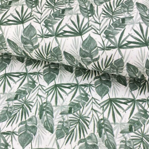 Tela de punto de camiseta de algodón orgánico tipo Jersey estampado digital con hojas de jungla en tonos verdes