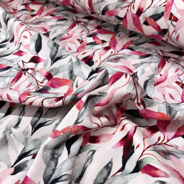 Tela de punto de camiseta de algodón orgánico tipo Jersey estampado digital con ramas pintadas en acuarela en tonos rosas