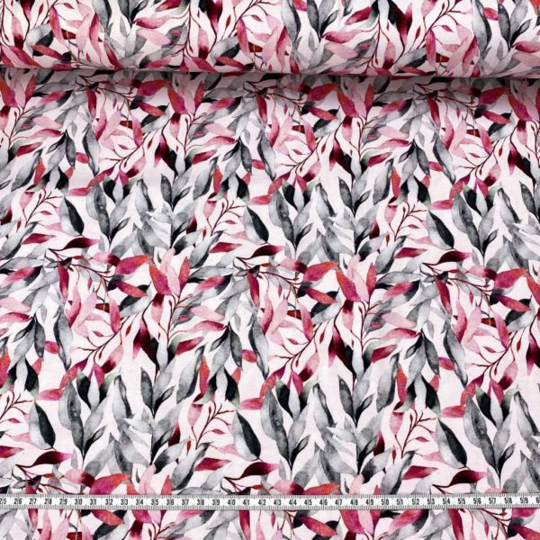 Tela de punto de camiseta de algodón orgánico tipo Jersey estampado digital con ramas pintadas en acuarela en tonos rosas