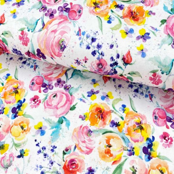 Tela de punto de camiseta de algodón orgánico tipo Jersey estampado digital con colores vivos de verano con rosas