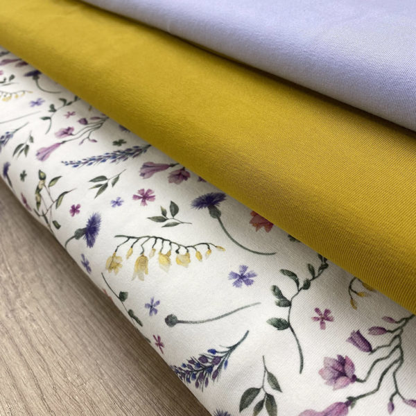 Tela de punto de camiseta de algodón orgánico tipo Jersey estampado con flores botánicas muestra de telas
