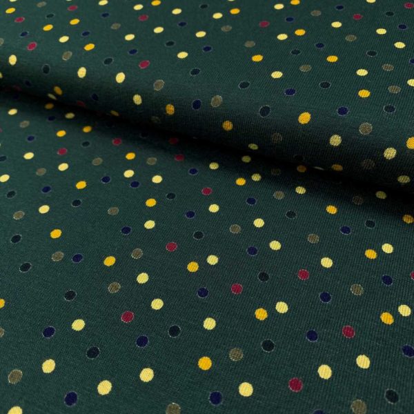 Tejido de viscosa elástica estampada de topitos fondo verde