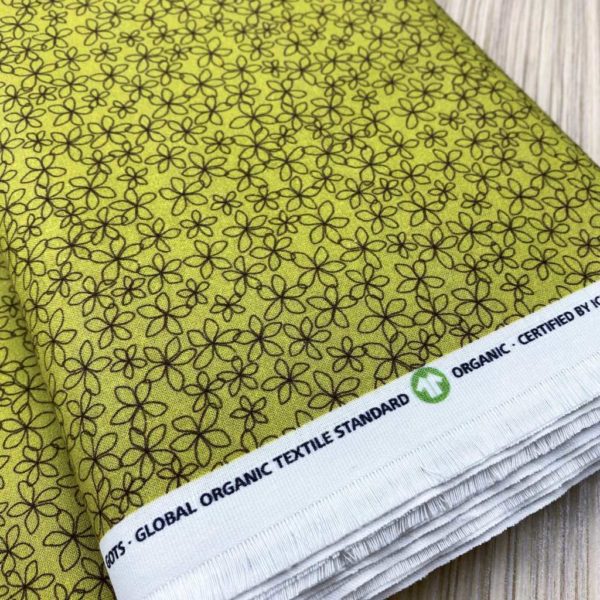 Algodón popelín de algodón 100% para creatividades de patchwork con estampado de campo de flores fondo verde amarillo