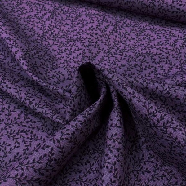 Algodón popelín de algodón 100% para creatividades de patchwork con estampado de ramas en tonos berenjena y lila