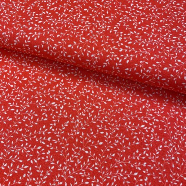 Algodón popelín de algodón 100% para creatividades de patchwork con estampado de ramas en tono rojo coral