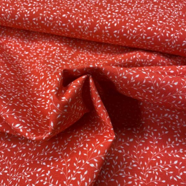 Algodón popelín de algodón 100% para creatividades de patchwork con estampado de ramas en tono rojo coral