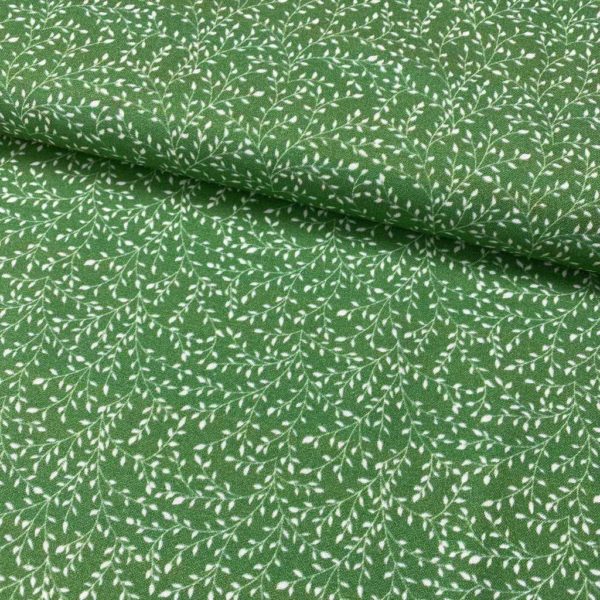 Algodón popelín de algodón 100% para creatividades de patchwork con estampado de ramas blancas fondo verde