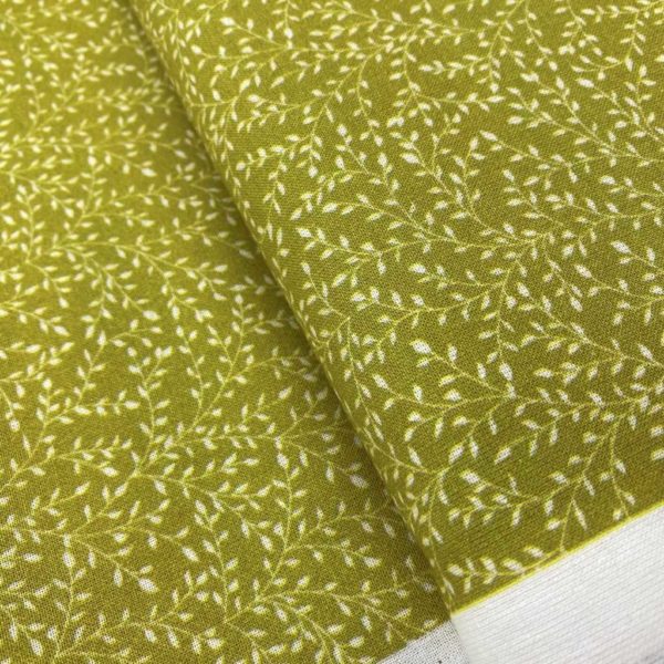 Algodón popelín de algodón 100% para creatividades de patchwork con estampado de ramas blancas fondo verde ocre
