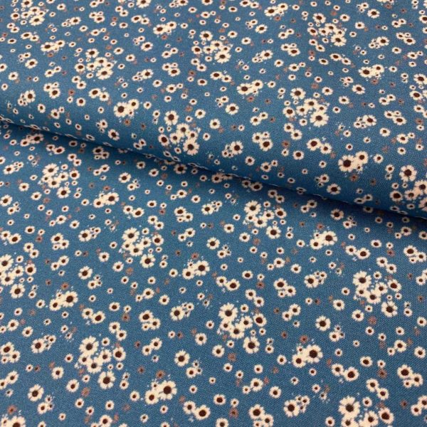 AlgAlgodón popelín de algodón 100% para creatividades de patchwork con estampado con flores pequeñas blancas fondo azul