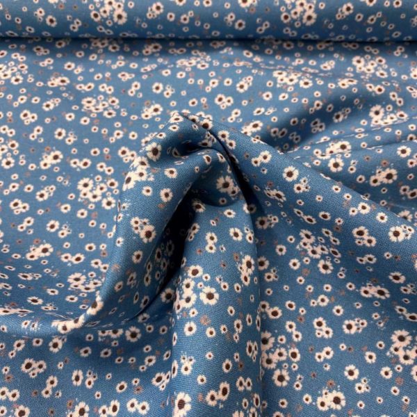 AlgAlgodón popelín de algodón 100% para creatividades de patchwork con estampado con flores pequeñas blancas fondo azul