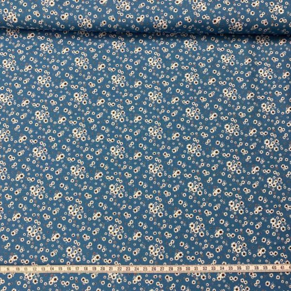 AlgAlgodón popelín de algodón 100% para creatividades de patchwork con estampado con flores pequeñas blancas fondo azul