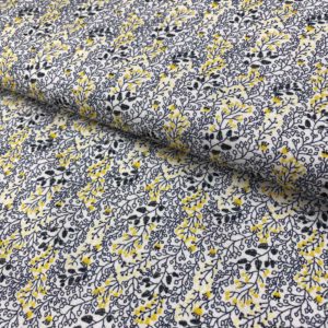Algodón popelín de algodón ORGÁNICO para creatividades de patchwork con estampado de ramillete de flores en gris y amarillo