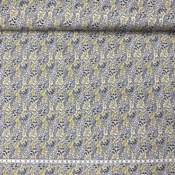Algodón popelín de algodón ORGÁNICO para creatividades de patchwork con estampado de ramillete de flores en gris y amarillo
