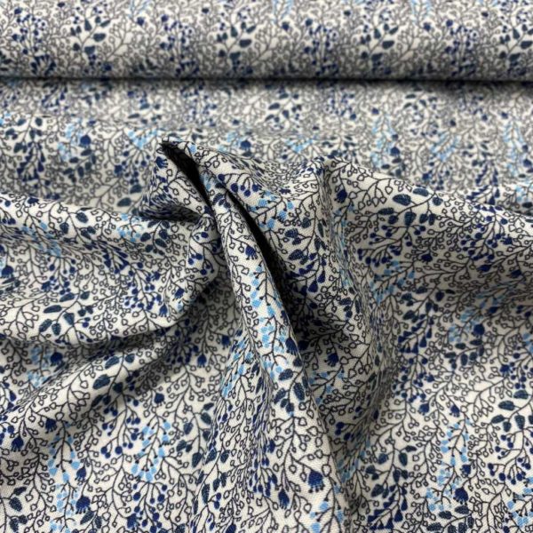 Algodón popelín de algodón ORGÁNICO para creatividades de patchwork con estampado de ramillete de flores en gris y azul