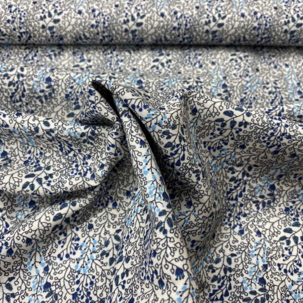 Algodón popelín de algodón ORGÁNICO para creatividades de patchwork con estampado de ramillete de flores en gris y azul